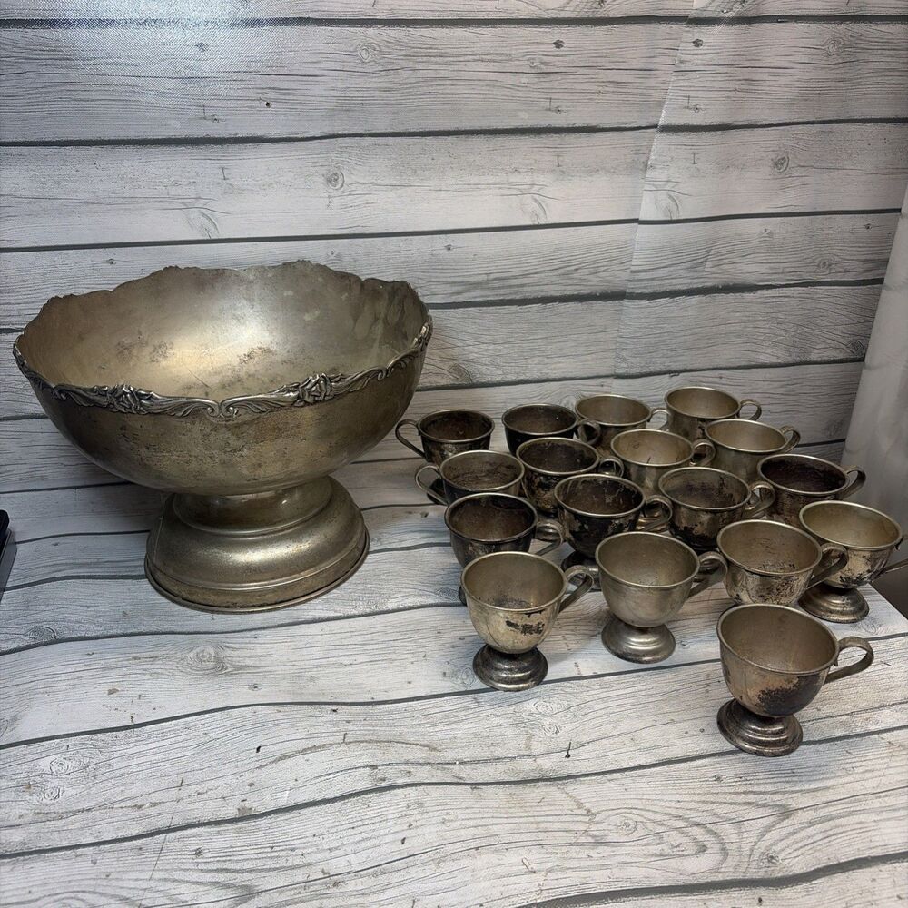 Beautiful Vintage Nickle Silver E.P. JAPAN Punch Bowl Set w/ 17 Cups
